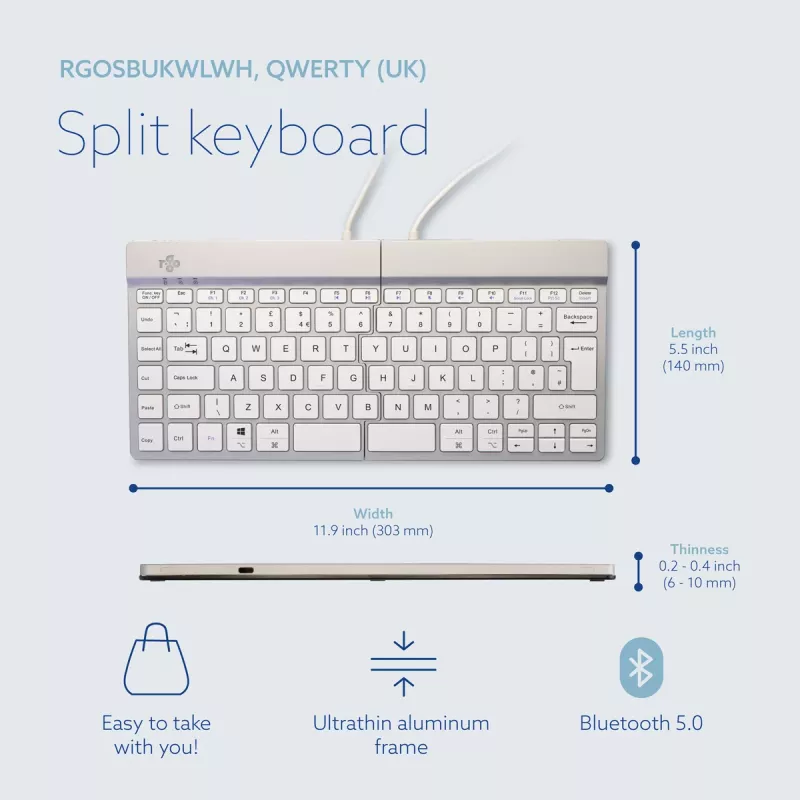 R-Go Tools Split Break RGOSBUKWLWH teclado sem fios, disposição UK, branco
