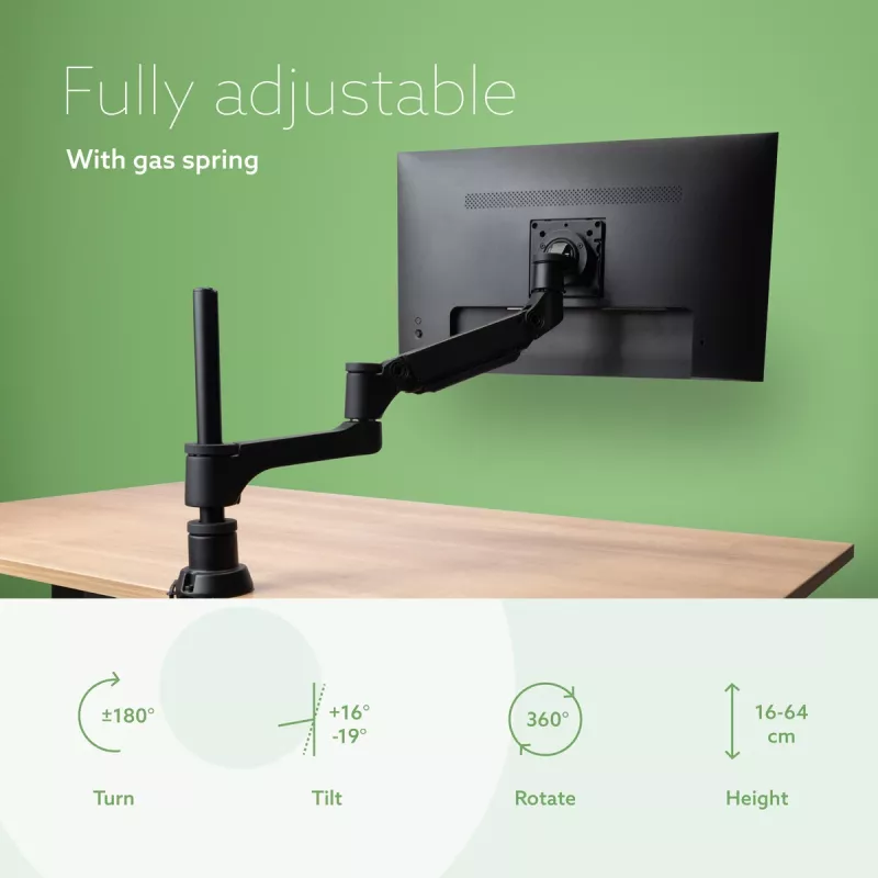 Braço para monitor R-Go Tools R-Go Caparo Single, totalmente ajustável com mola a gás, capacidade de carga 3-9 kg, 100% circular, preto