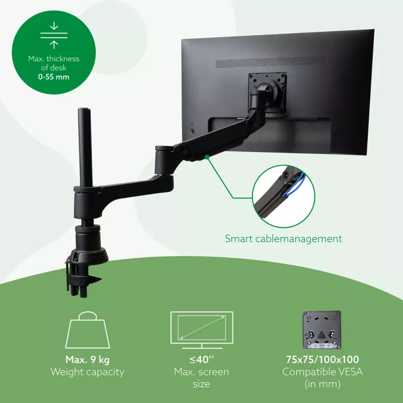 Braço para monitor R-Go Tools R-Go Caparo Single, totalmente ajustável com mola a gás, capacidade de carga 3-9 kg, 100% circular, preto