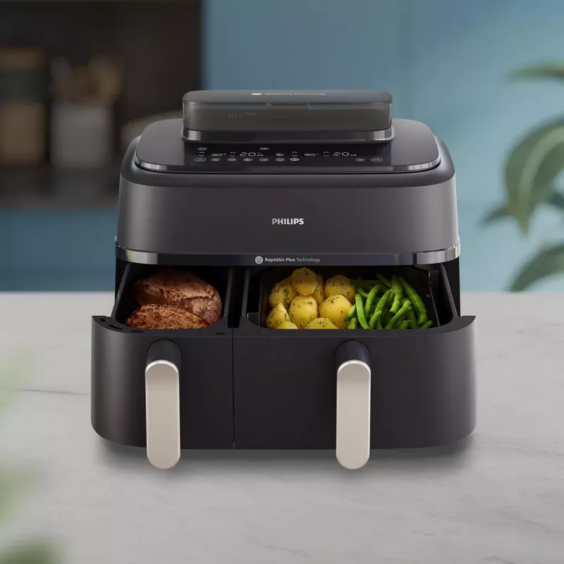 Fritadeira de ar quente Philips Série 5000 NA551/00 — capacidade 9 l, 2300 W, controlo tátil, ecrã LED, preto/prateado