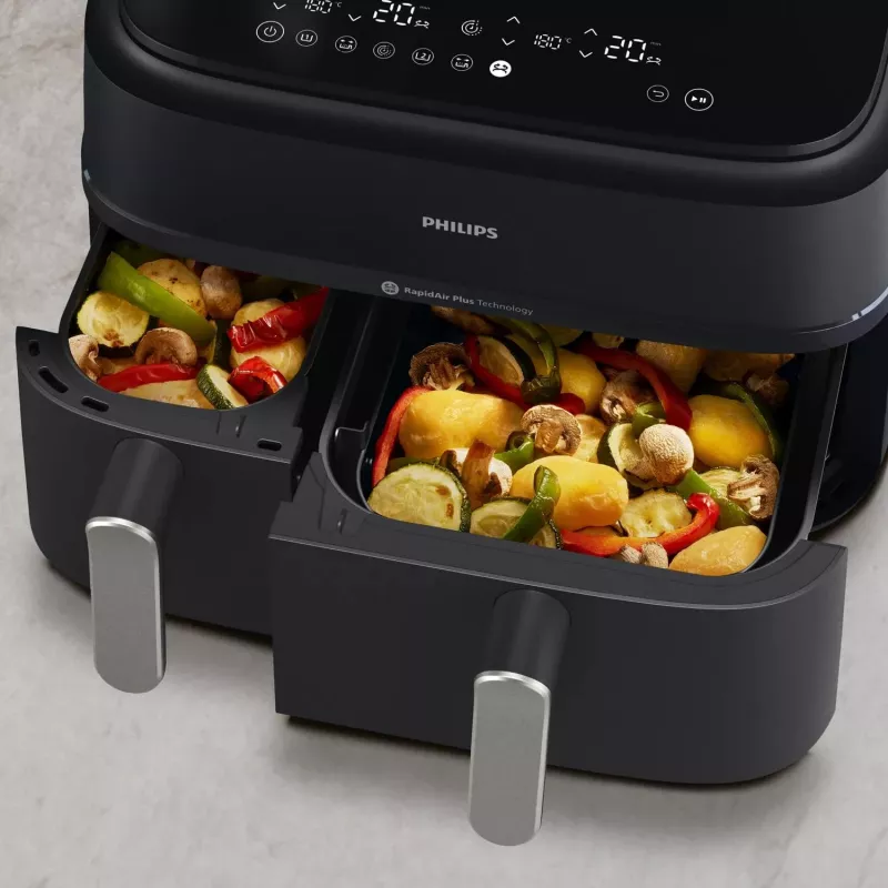 Fritadeira de ar quente Philips Série 5000 NA551/00 — capacidade 9 l, 2300 W, controlo tátil, ecrã LED, preto/prateado