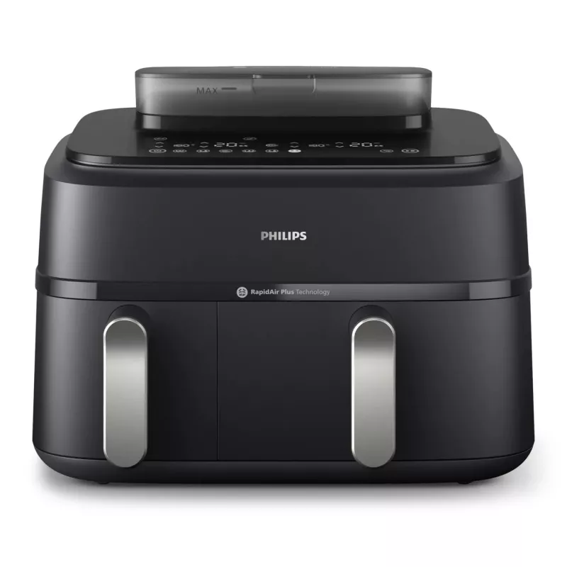 Fritadeira de ar quente Philips Série 5000 NA551/00 — capacidade 9 l, 2300 W, controlo tátil, ecrã LED, preto/prateado
