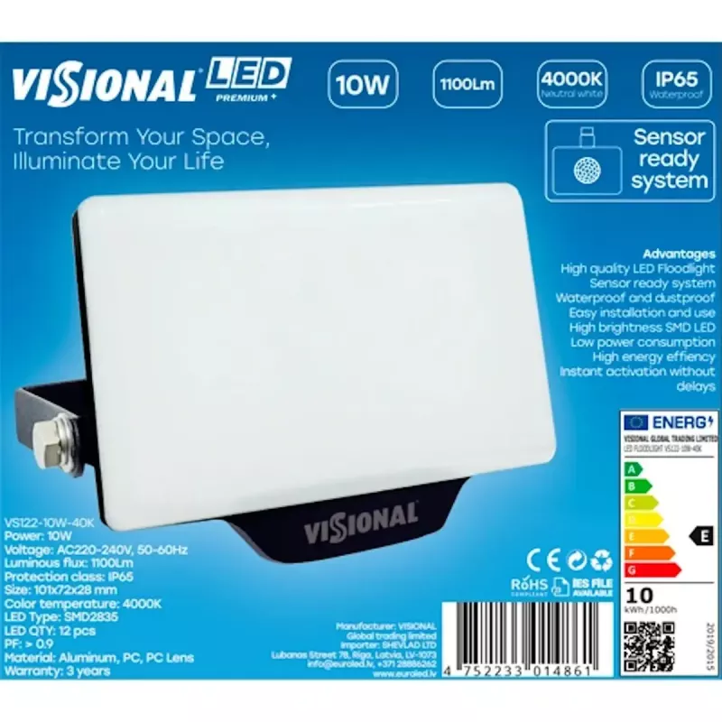 Luminária LED de parede VISIONAL VS122-10W-40K — 10 W, 1100 lm, 4000 K para iluminação exterior/fachada