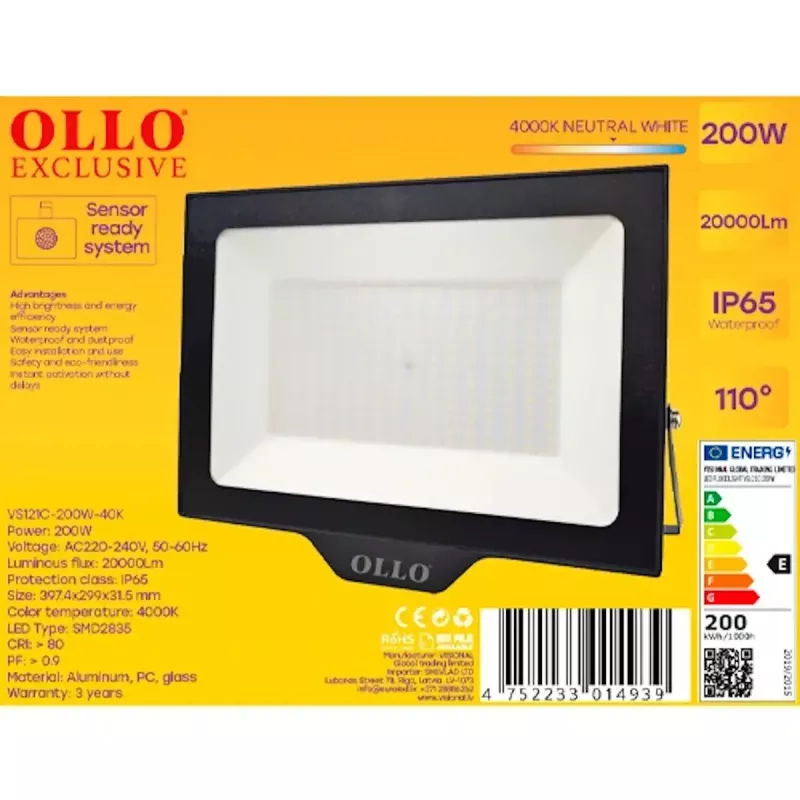 Holofote LED exterior OLLO VS121C-200W-40K — 200 W, 20 000 lm, 4000 K