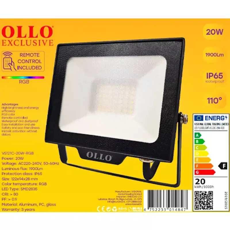 Holofote LED exterior OLLO VS121C-20W-RGB 20W 1900lm RGB