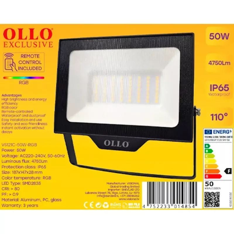 Holofote LED exterior OLLO VS121C-50W-RGB — 50 W, 4750 lm, RGB