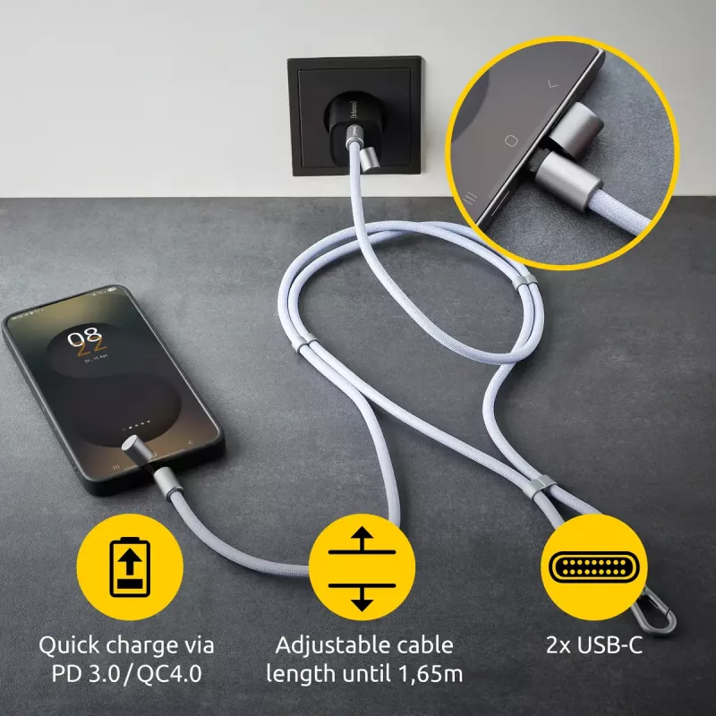 Cabo de carregamento USB-C Intenso com alça para telemóvel, carregamento rápido 60W, comprimento ajustável 1,65 m, nylon, roxo