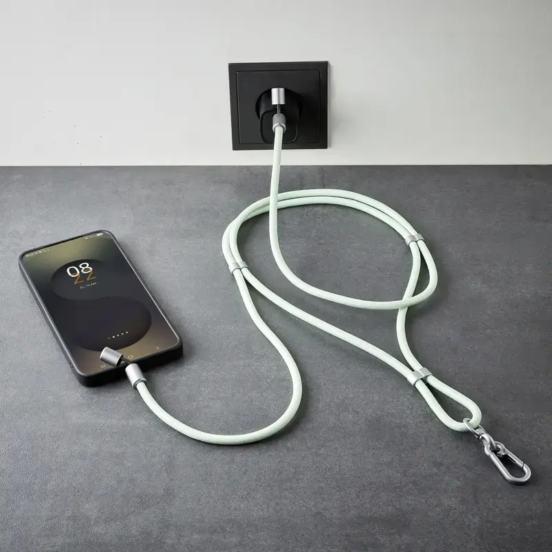 Cabo de carregamento USB-C Intenso com alça para telemóvel, carregamento rápido 60W, comprimento ajustável 1,65m, nylon, verde
