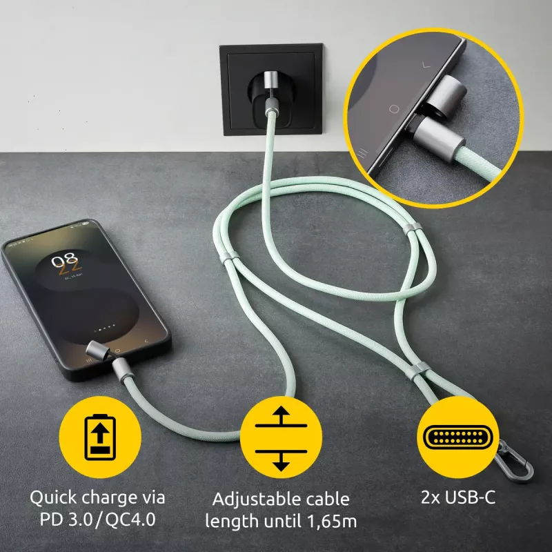 Cabo de carregamento USB-C Intenso com alça para telemóvel, carregamento rápido 60W, comprimento ajustável 1,65m, nylon, verde