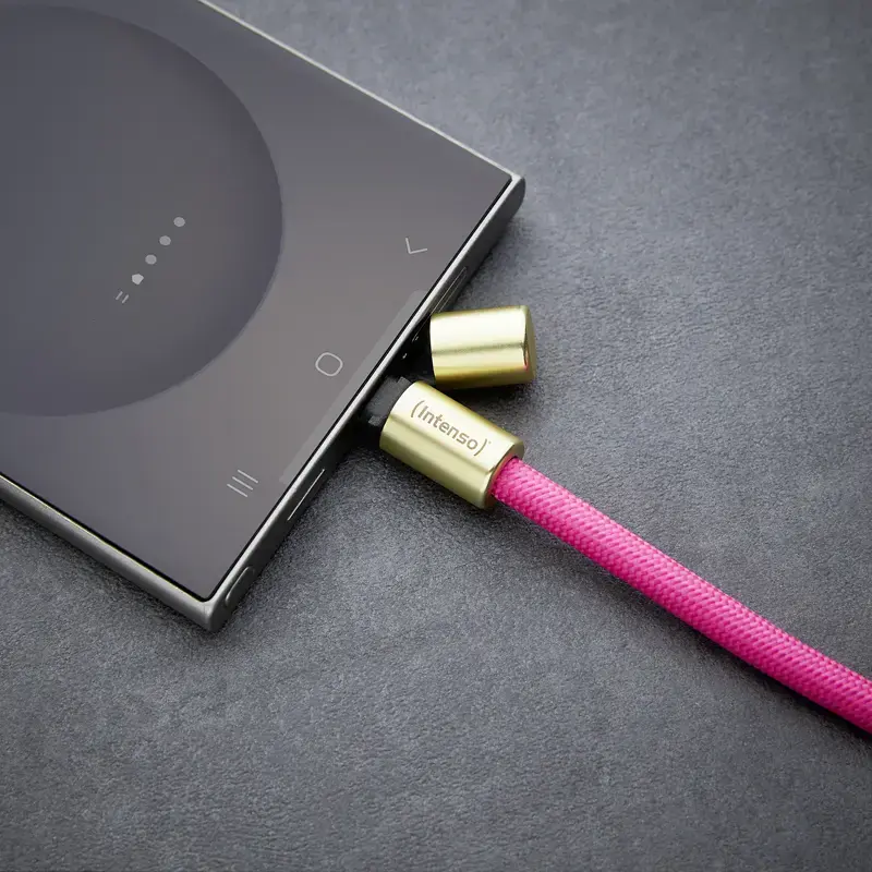 Cabo de carregamento USB-C Intenso com alça para telemóvel, carregamento rápido 60 W, comprimento ajustável 1,65 m, nylon, rosa néon