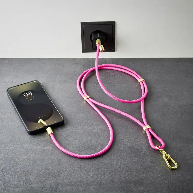 Cabo de carregamento USB-C Intenso com alça para telemóvel, carregamento rápido 60 W, comprimento ajustável 1,65 m, nylon, rosa néon
