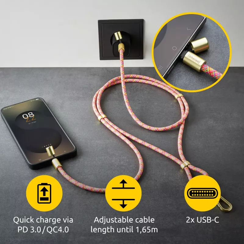 Cabo de carregamento USB-C Intenso com alça para telemóvel, carregamento rápido 60 W, comprimento ajustável 1,65 m, nylon, multicolor