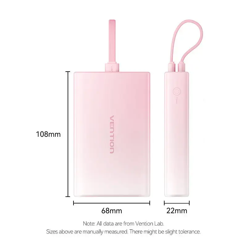 Powerbank Vention 10000mAh (USB-C, Lightning, USB-A) 22,5W indicador LED rosa