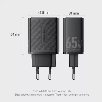 Carregador rápido de parede Vention FERW0-EU 65W para portátil, smartphone, tablet, smartwatch, auscultadores, 2× USB-C, branco