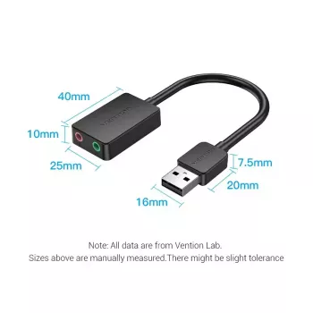Placa de som USB externa Vention 2 portas 0,15 m preto 2.1 canais 16 bits