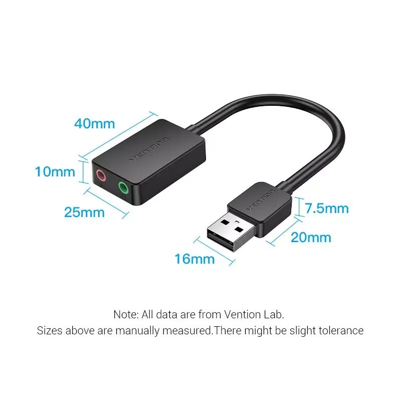 Placa de som USB externa Vention 2 portas 0,15 m preto 2.1 canais 16 bits