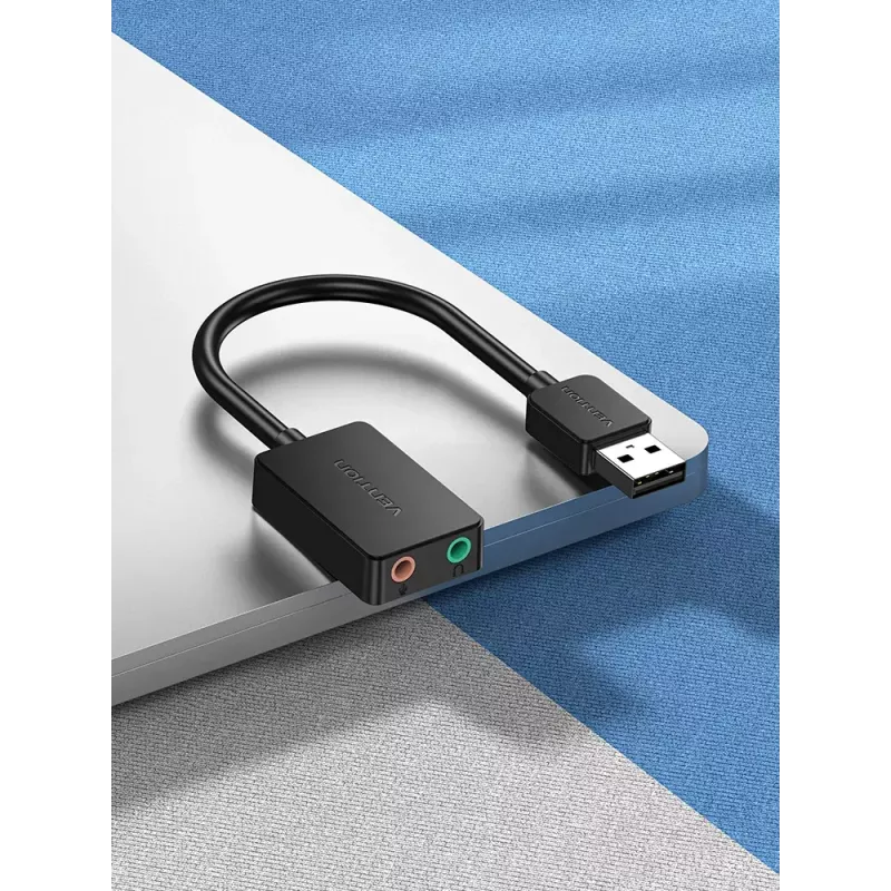 Placa de som USB externa Vention 2 portas 0,15 m preto 2.1 canais 16 bits