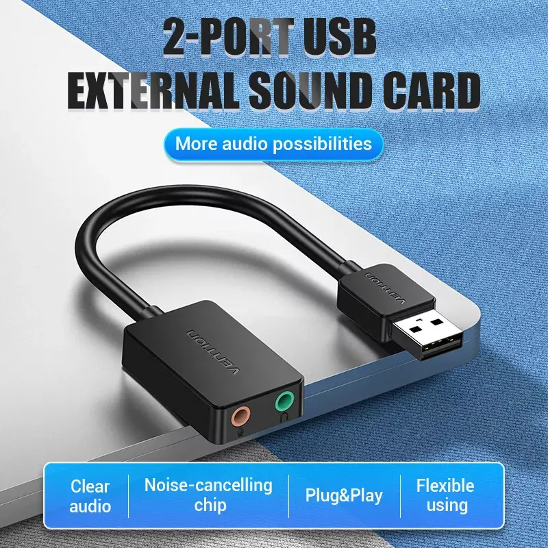 Placa de som USB externa Vention 2 portas 0,15 m preto 2.1 canais 16 bits