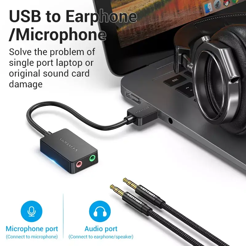 Placa de som USB externa Vention 2 portas 0,15 m preto 2.1 canais 16 bits