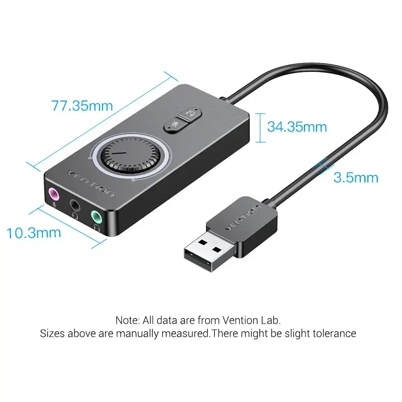 Adaptador de som estéreo externo USB 2.0 Vention com controlo de volume 0,15 m preto ABS