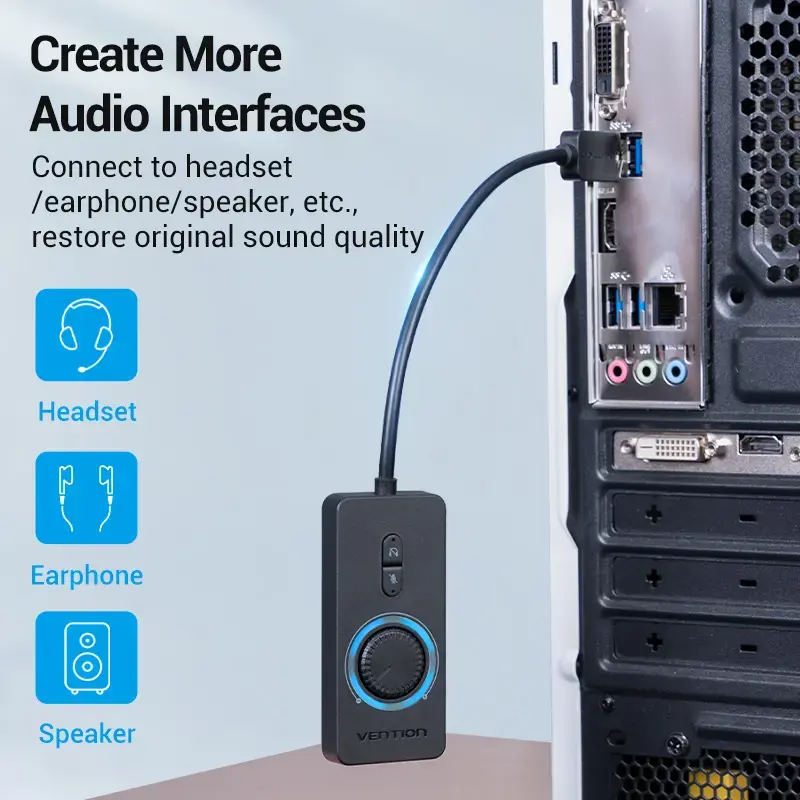 Adaptador de som estéreo externo USB 2.0 Vention com controlo de volume 0,15 m preto ABS
