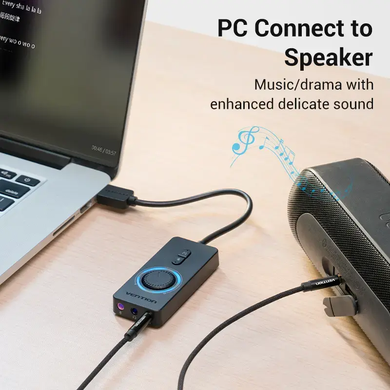 Adaptador de som estéreo externo USB 2.0 Vention com controlo de volume 0,15 m preto ABS