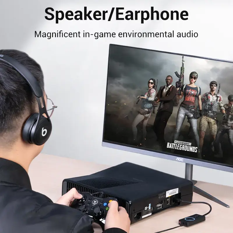 Adaptador de som estéreo externo USB 2.0 Vention com controlo de volume 0,15 m preto ABS