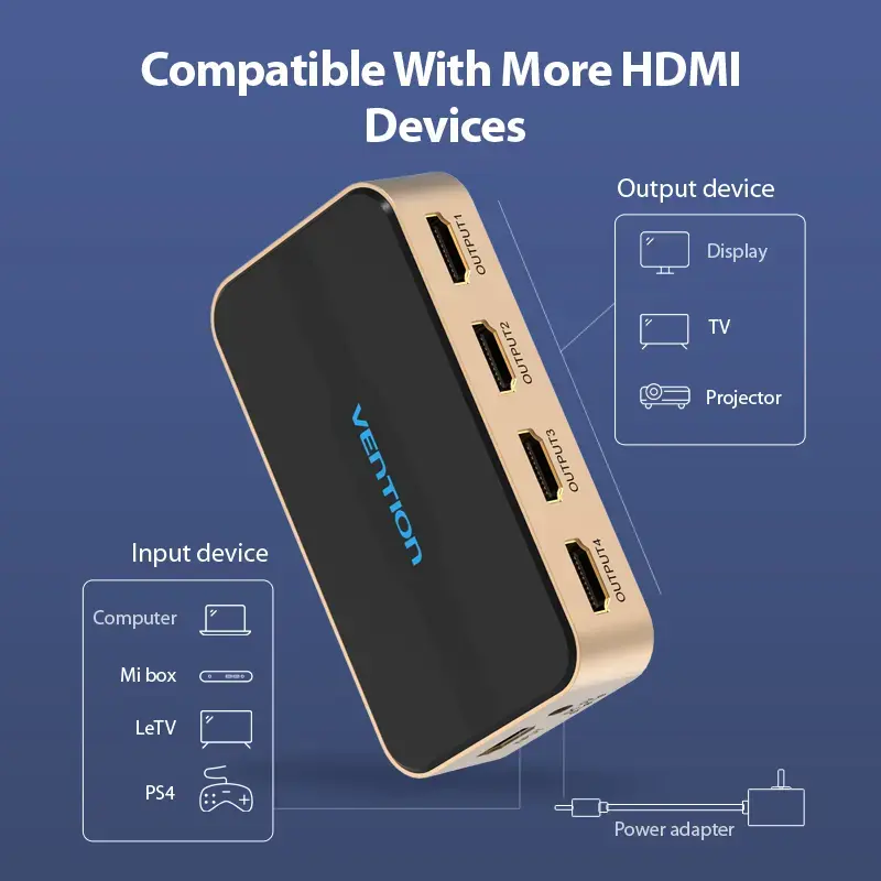 Splitter HDMI Vention 1 entrada 4 saídas 4K@30Hz dourado liga de alumínio