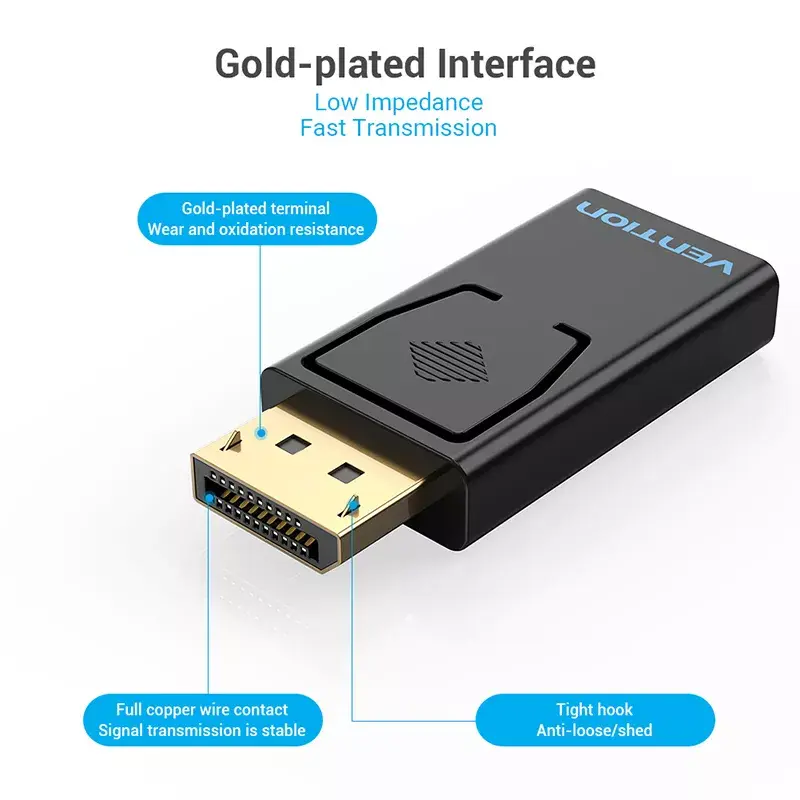 Adaptador DisplayPort para HDMI Vention HBKB0 – DP macho para HDMI fêmea, preto, contactos banhados a ouro