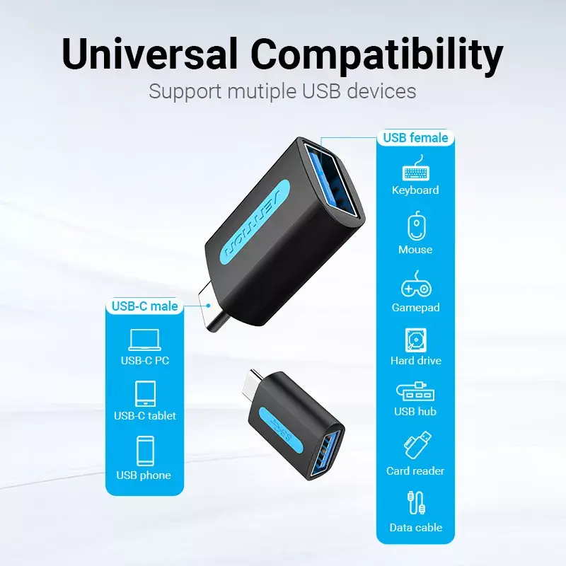 Adaptador OTG Vention USB-C para USB 3.0 CDUB0 — USB-C macho para USB-A fêmea, preto PVC, contactos niquelados