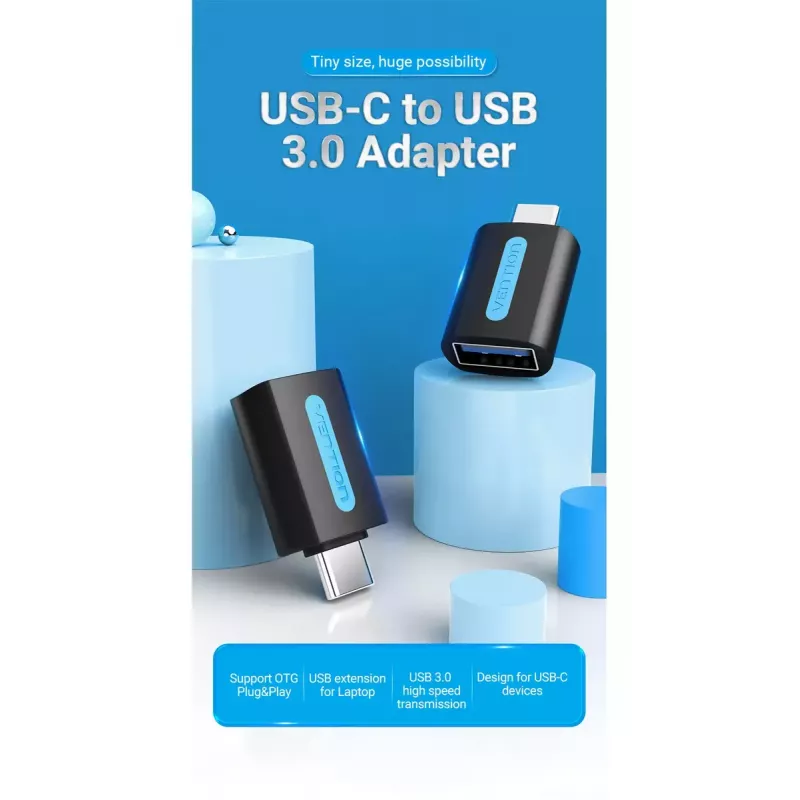 Adaptador OTG Vention USB-C para USB 3.0 CDUB0 — USB-C macho para USB-A fêmea, preto PVC, contactos niquelados