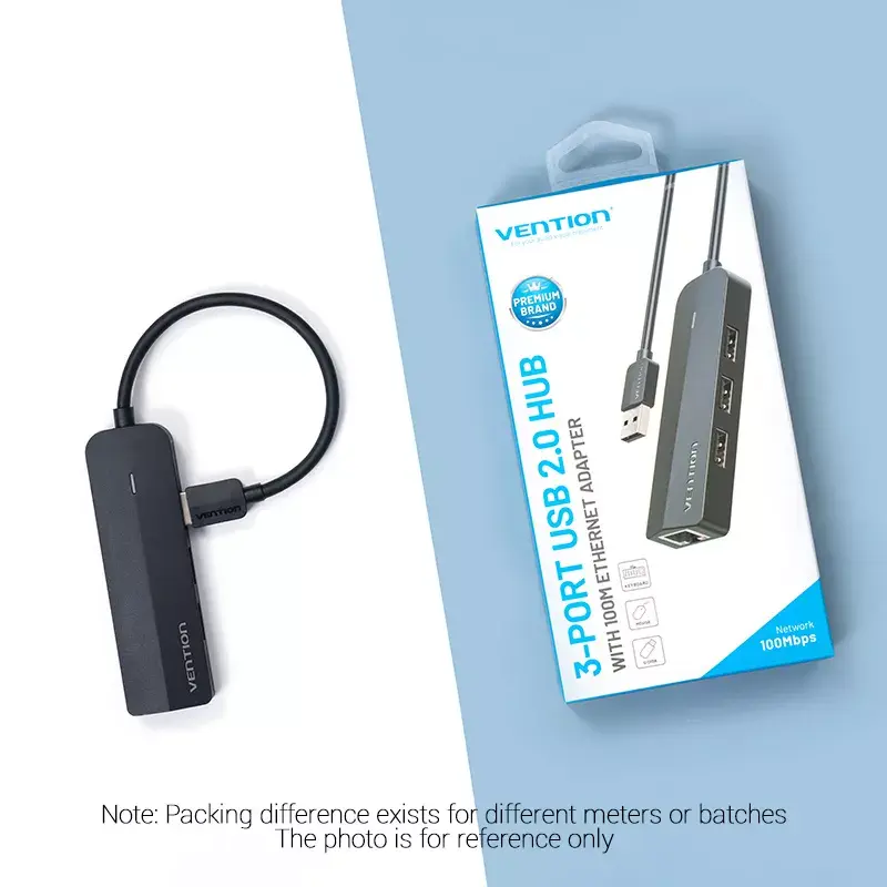 Hub USB 2.0 Vention 3 portas com adaptador Ethernet 100M, host USB 2.0, 4 portas, preto