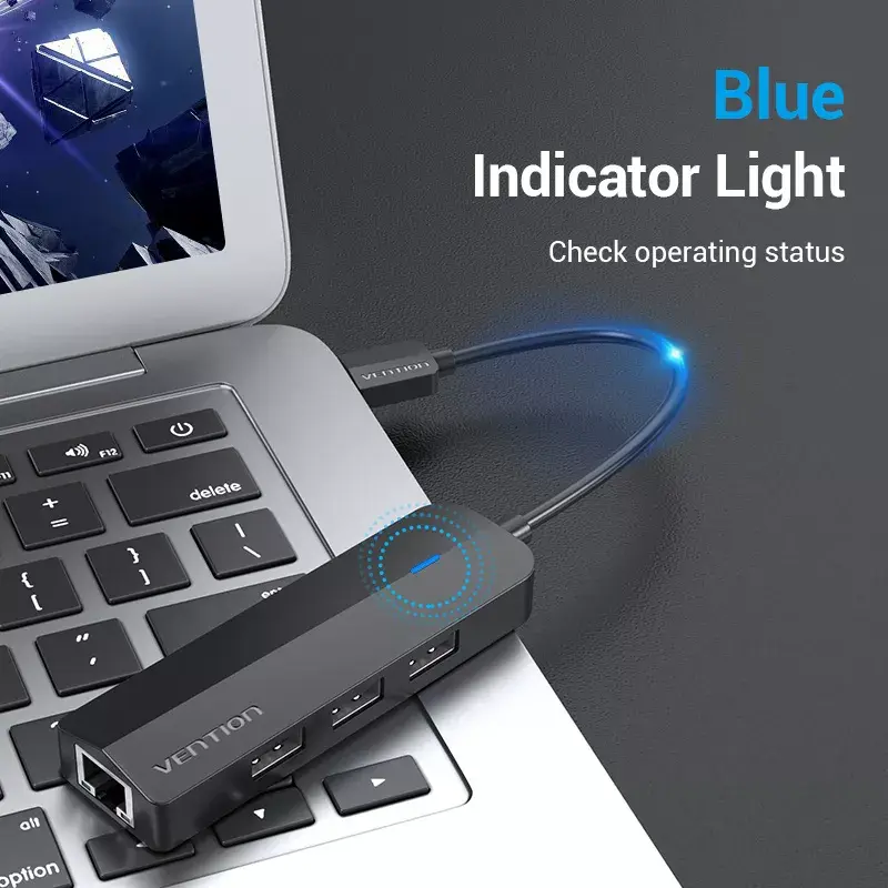 Hub USB 2.0 Vention 3 portas com adaptador Ethernet 100M, host USB 2.0, 4 portas, preto