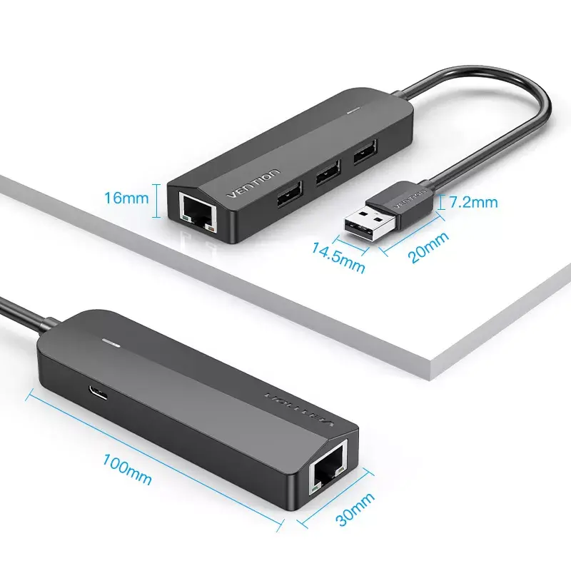 Hub USB 2.0 Vention 3 portas com adaptador Ethernet 100M, host USB 2.0, 4 portas, preto