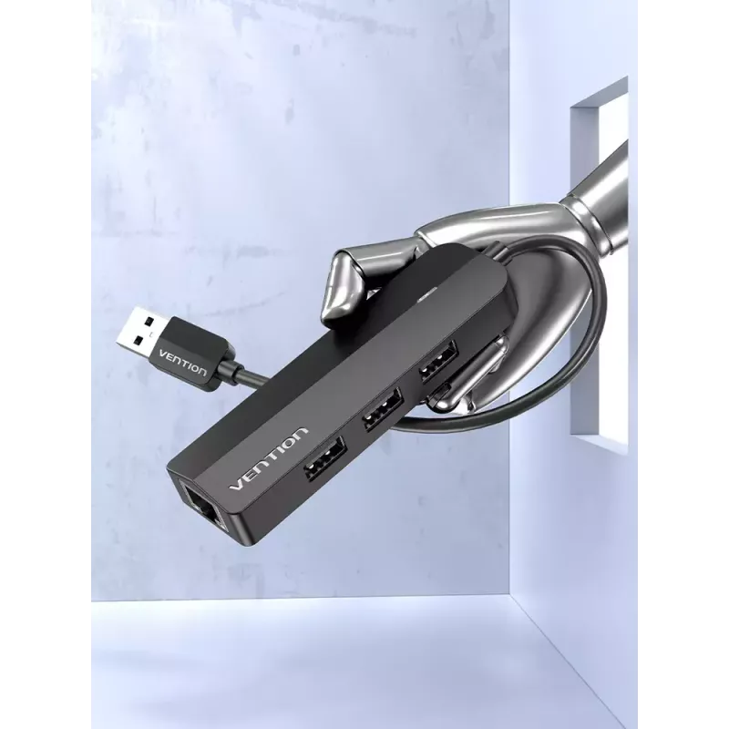Hub USB 2.0 Vention 3 portas com adaptador Ethernet 100M, host USB 2.0, 4 portas, preto