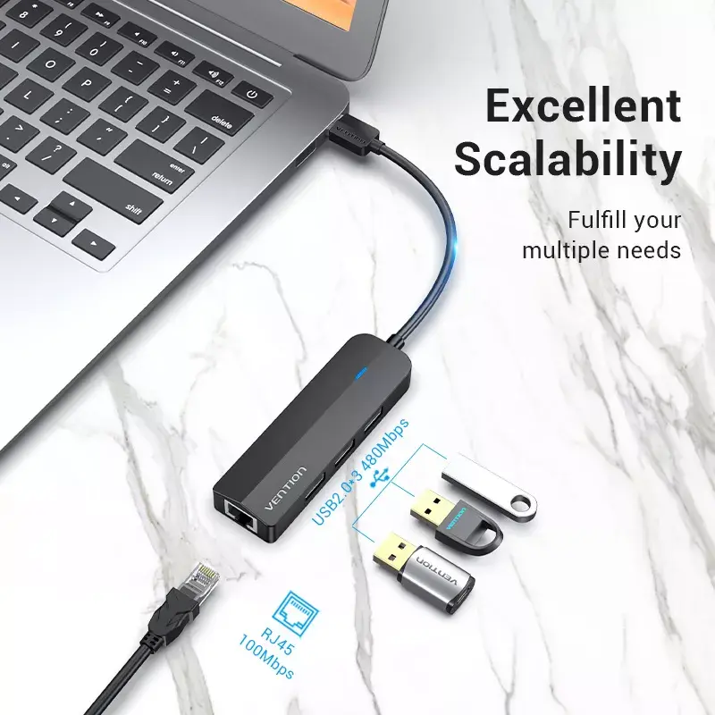Hub USB 2.0 Vention 3 portas com adaptador Ethernet 100M, host USB 2.0, 4 portas, preto