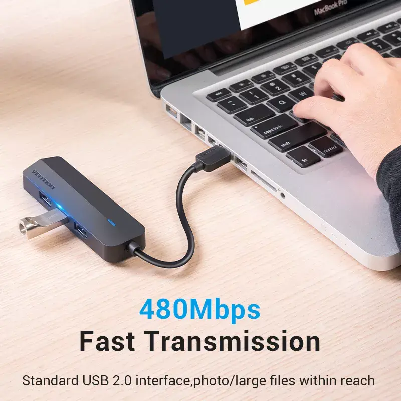 Hub USB 2.0 Vention 3 portas com adaptador Ethernet 100M, host USB 2.0, 4 portas, preto