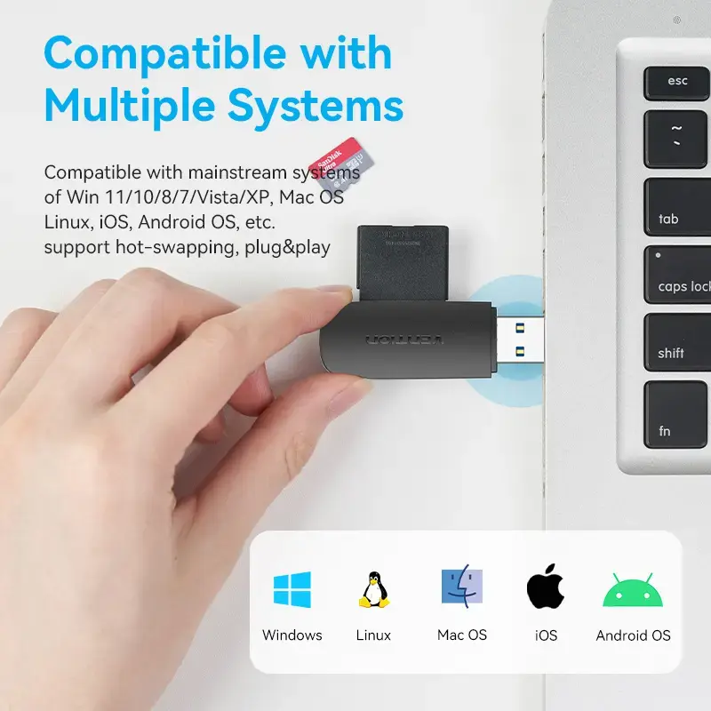 Vention CLGB0 leitor de cartões 2 em 1, USB 3.0 A, SD + TF, letra de unidade dupla, preto