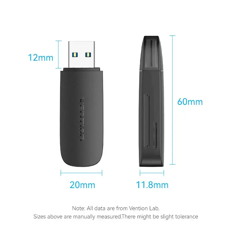 Vention CLGB0 leitor de cartões 2 em 1, USB 3.0 A, SD + TF, letra de unidade dupla, preto