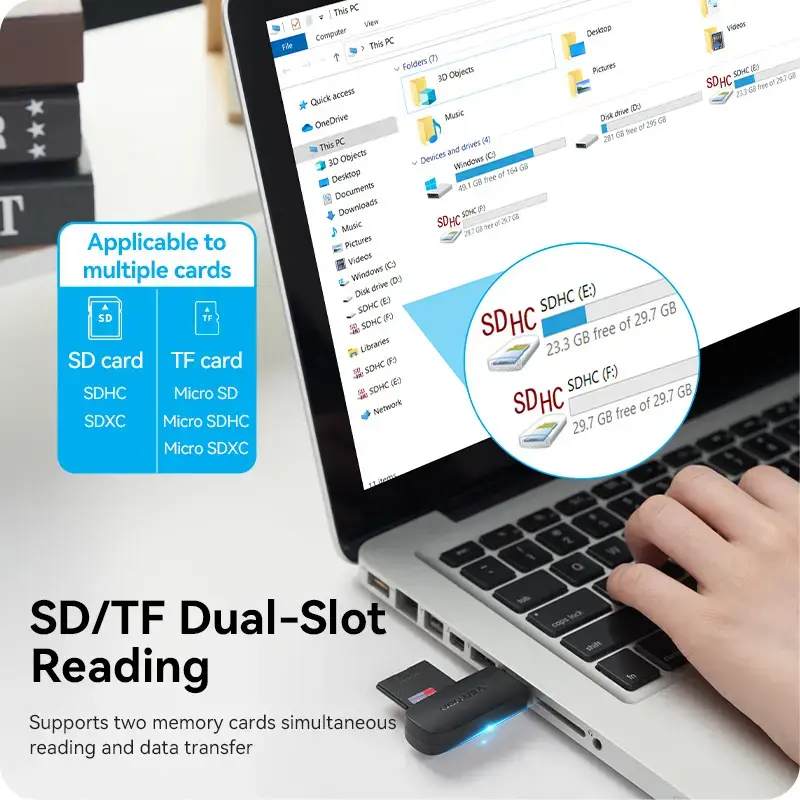 Vention CLGB0 leitor de cartões 2 em 1, USB 3.0 A, SD + TF, letra de unidade dupla, preto