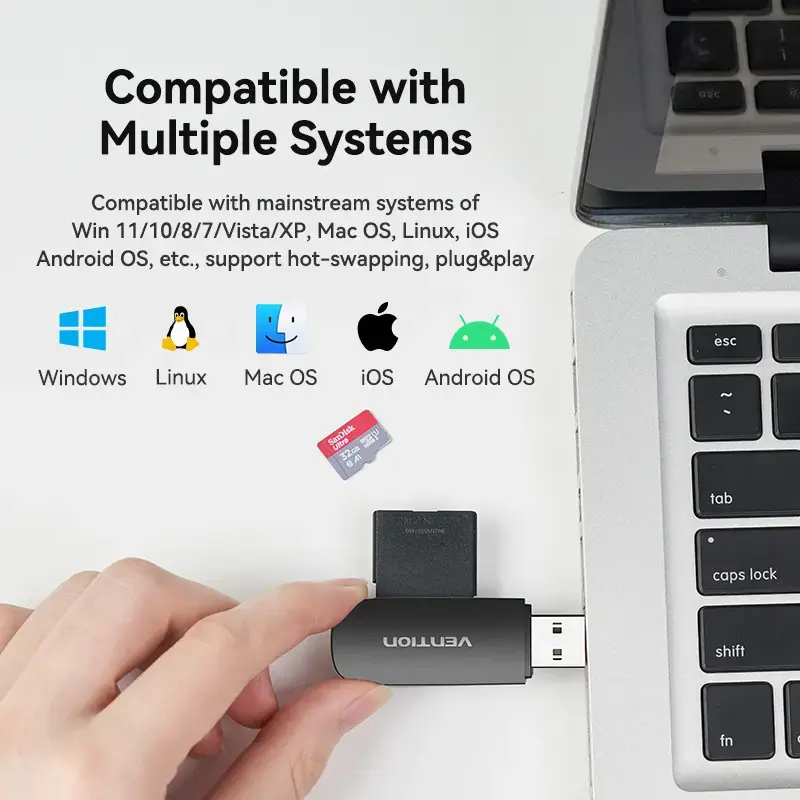 Leitor de cartões Vention 2 em 1 USB 3.0 A SD+TF, USB 3.2 Gen 1, 5000 Mbit/s, preto