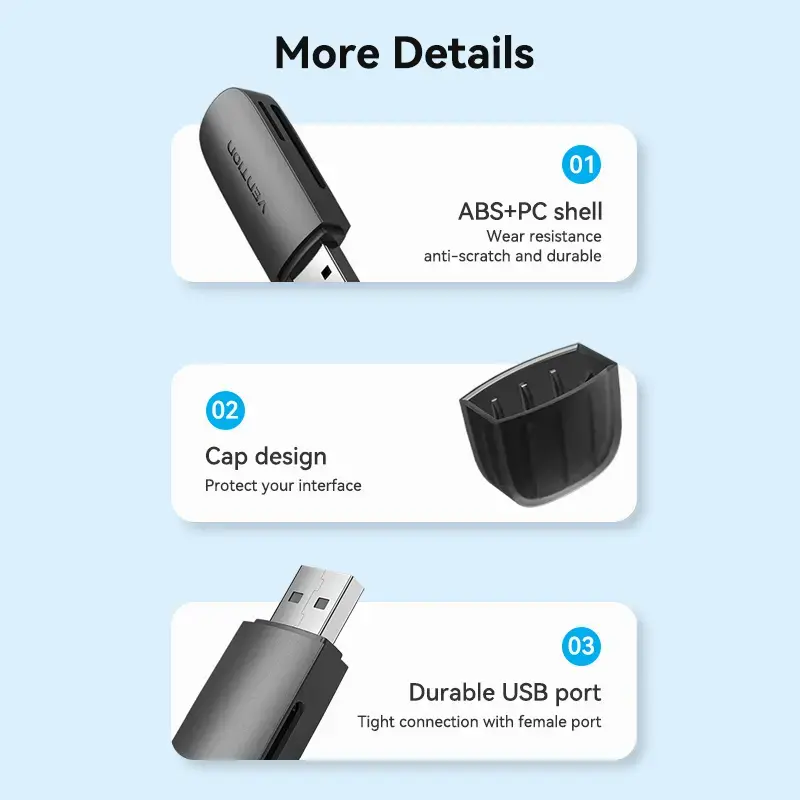 Leitor de cartões Vention 2 em 1 USB 3.0 A SD+TF, USB 3.2 Gen 1, 5000 Mbit/s, preto