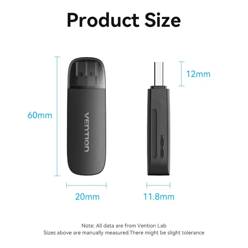 Leitor de cartões Vention 2 em 1 USB 3.0 A SD+TF, USB 3.2 Gen 1, 5000 Mbit/s, preto