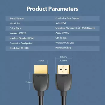 Cabo HDMI portátil Vention 3M preto HDMI 2.0 18 Gbit/s
