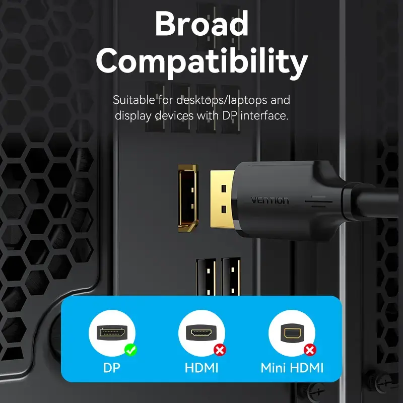 Cabo DisplayPort, macho-macho, Vention, 1,5 m, 4K HD, preto, 6 mm de diâmetro