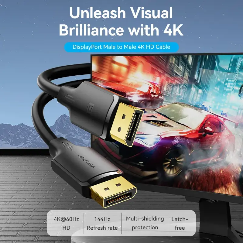 Cabo DisplayPort, macho-macho, Vention, 1,5 m, 4K HD, preto, 6 mm de diâmetro