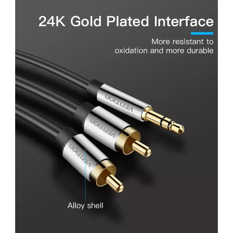 Cabo de áudio Vention 3,5 mm jack para 2×RCA, 1,5 m, alumínio/preto