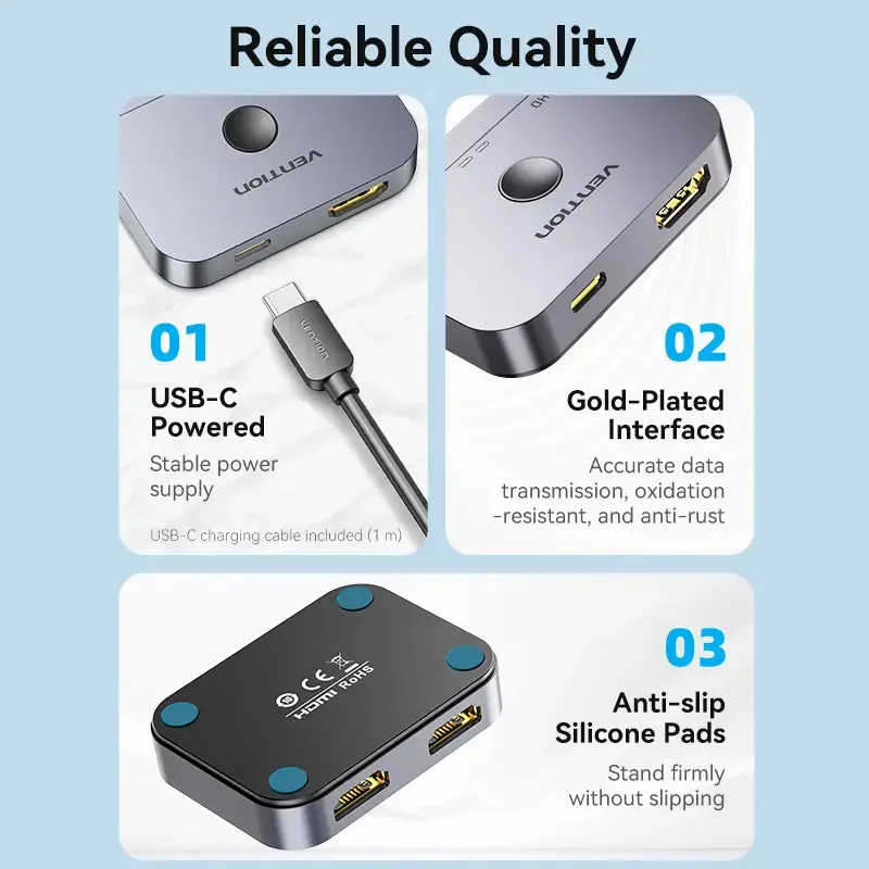 Vention AKPH0 comutador HDMI bidirecional de 2 portas, 8K, liga de alumínio, cinzento