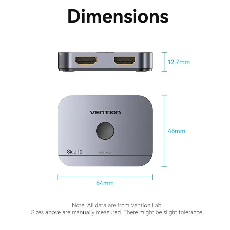 Vention AKPH0 comutador HDMI bidirecional de 2 portas, 8K, liga de alumínio, cinzento