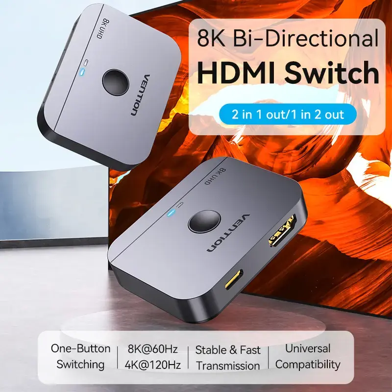 Vention AKPH0 comutador HDMI bidirecional de 2 portas, 8K, liga de alumínio, cinzento